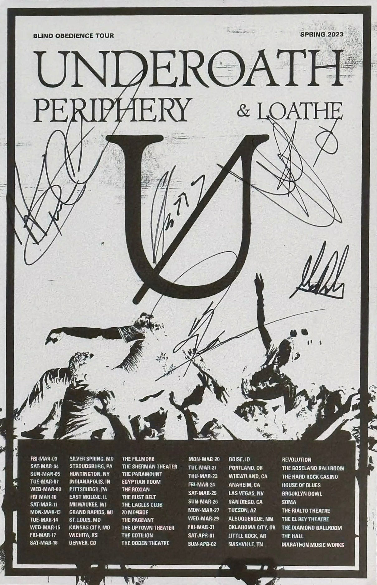 Underoath Blind Obedience Tour Signed Poster + VIP Pass (Denver 2023) – Framed